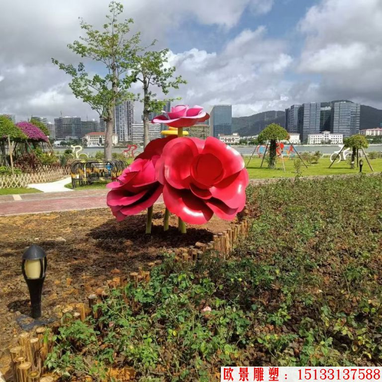 不銹鋼仿真玫瑰花雕塑，公園花朵雕塑2